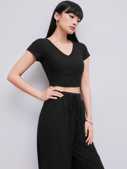 V-neck Short Sleeve Crop Tee & Knotted Wide Leg Pants Set